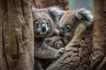 view of koala family with mother, father, and baby clinging to tree, created with generative ai