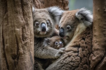 Obraz premium view of koala family with mother, father, and baby clinging to tree, created with generative ai