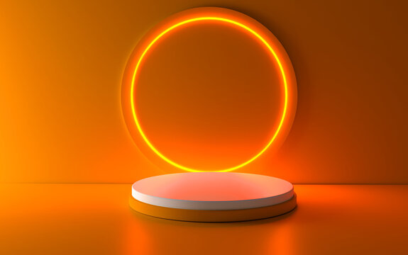 Orange realistic 3d cylinder stand podium with glowing white neon in circle shape. Abstract 3D Rendering geometric forms. Minimal scene. Stage showcase, Mockup product display. © adobedesigner
