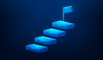 step to target with flag on top on blue dark background. business stair to success. mission complete concept. vector illustration fantastic low poly wireframe design.