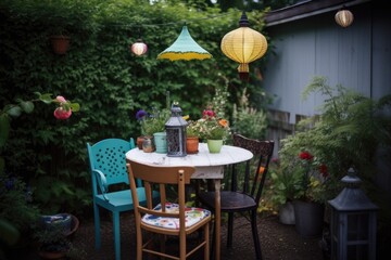 Fototapeta na wymiar bistro table with mismatched chairs and lantern for al fresco dining, created with generative ai