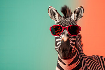 Portrait of a trendy zebra wearing cool sunglasses. Summer holiday concept. Generative ai - obrazy, fototapety, plakaty