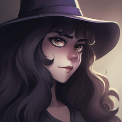 cartoon of a girl with a purple witch hat and black hair Generative Ai