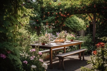 al fresco dining table surrounded by lush greenery and blooming flowers, created with generative ai