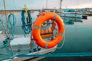 Close up orange lifebuoy tied on the boat. High quality photo