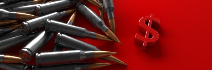 The dollar symbol on the background of cartridges from the machine gun. 3d rendering.