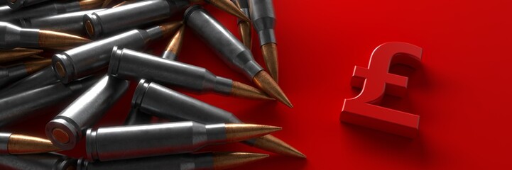The pound symbol on the background of cartridges from the machine gun. 3d rendering.