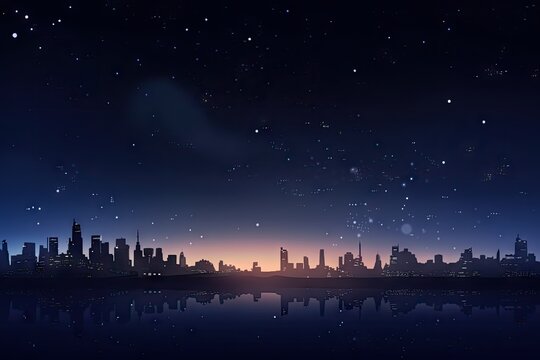 starry night sky with shining stars and silhouette of futuristic city in the background, created with generative ai