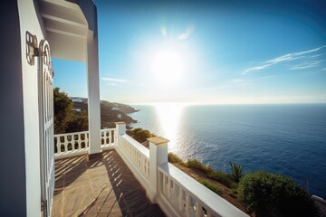mediteranean house with stunning view of the coastline and the warm sun shining, created with generative ai