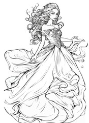 Princess vector coloring book black and white for adults isolated line art on white background.
