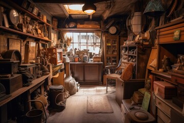 old garage, with collections of antiques and trinkets from past generations, created with generative ai