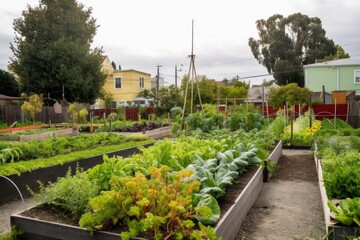 urban farm with variety of vegetables and herbs for the community, created with generative ai