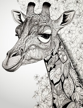 Giraffe vector coloring book black and white for adults isolated line art on white background.