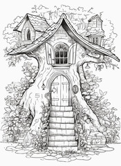Fairy Tale magic house vector coloring book black and white for adults isolated line art on white background.