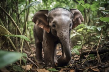 Fototapeta na wymiar baby elephant, with its huge ears and wrinkly skin, exploring the jungle for the first time, created with generative ai
