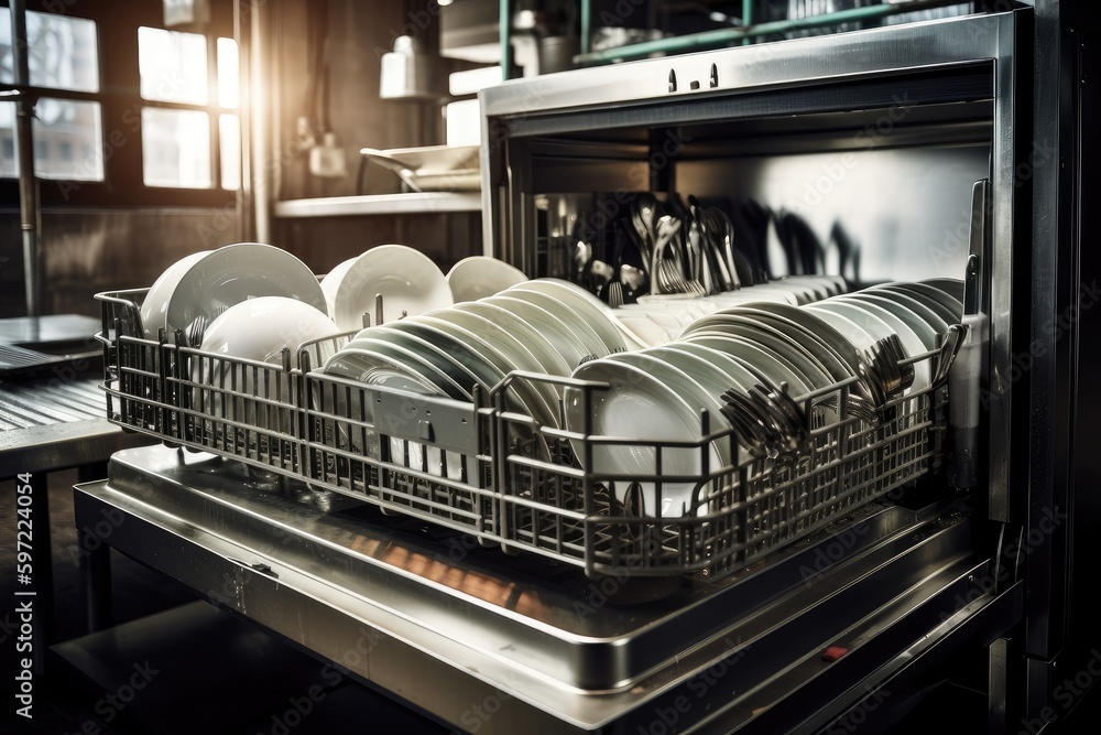 Wall mural close-up of industrial dishwasher, with clean and dry dishes ready to be used, created with generative ai