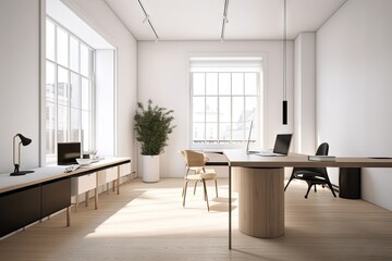 minimalist office with sleek furniture, neutral colors, and natural light, created with generative ai