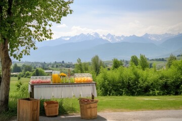 lemonade stand in beautiful, serene setting with mountains in the background, created with generative ai