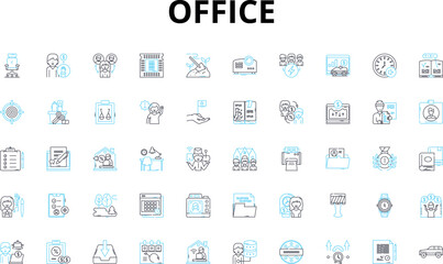 Office linear icons set. Desk, Computer, Printer, Ph, Filing, Meeting, Chair vector symbols and line concept signs. Workspace,Statiry,Keyboard illustration Generative AI