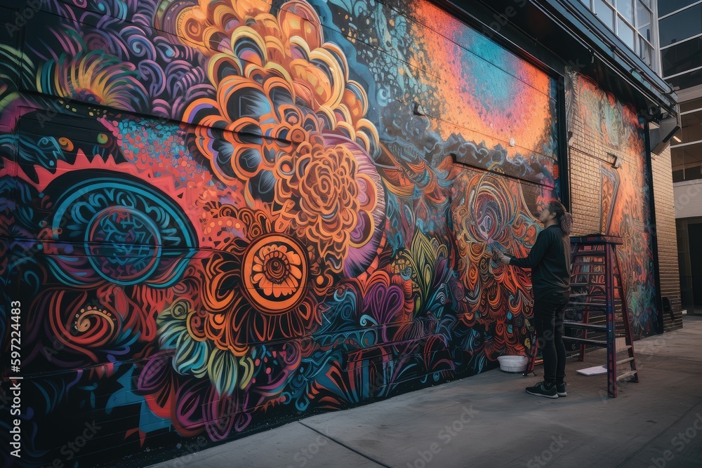 Wall mural graffiti artist spray-painting intricate and colorful mural on building wall, created with generative ai