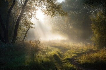 forest meadow with misty fog, sunlight shining through the trees, created with generative ai