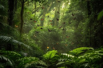 group of butterflies flying in formation above lush forest, created with generative ai