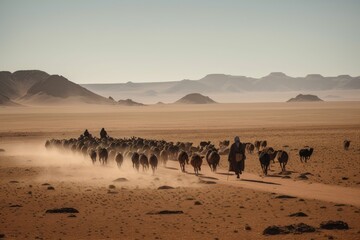 ancient nomadic tribe making their way across vast desert landscape, created with generative ai