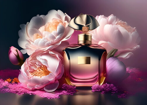 Parf&uuml;mflasche mit wundersch&ouml;nen Blumen, Generative AI