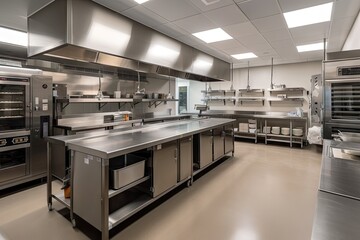 high-volume kitchen with centralized food preparation stations and streamlined workflow, created with generative ai