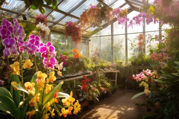 Fototapeta na wymiar greenhouse filled with colorful orchids and other exotic flowers, created with generative ai