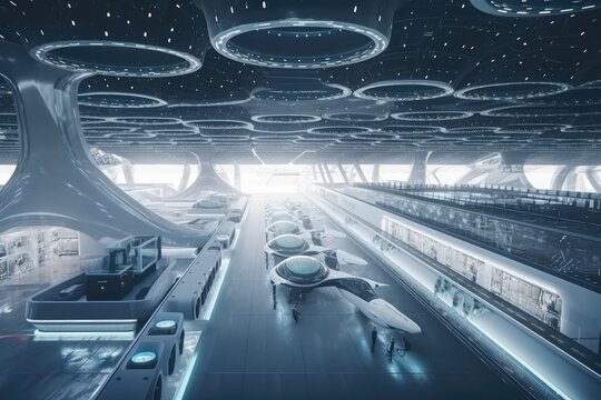 futuristic and conceptual airport terminal, with flying drones and advanced technology, created with generative ai