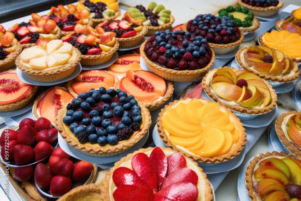 Canvas Prints display of fruit pies and tarts, each with different toppings, created with generative ai