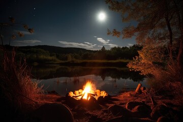 campfire, with marshmallows roasting and the moon shining down on a serene scene, created with generative ai
