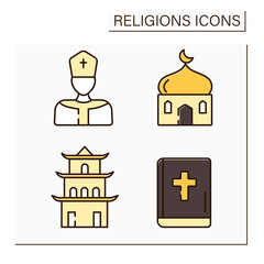 Religious color icons set.Main religious symbols. Leader of catholic church, Bible, Islam and Taoism temples. Philosophical concept. Isolated vector illustrations