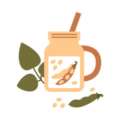 Bottle of soy milk with pod and leaves. Plant based vegan drink concept. Dairy free and non lactose beverage. Vector flat illustration.