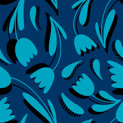Chaotic blue tulips on a blue background