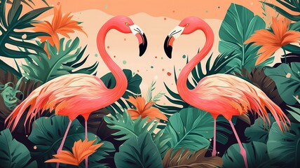 Tropical background with flamingos and palm leaves, a summer holiday. Generative AI.