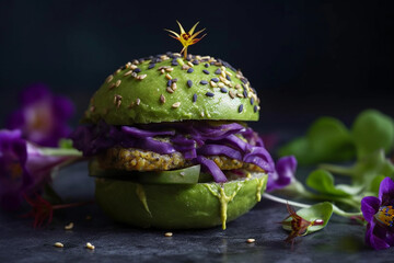 a vegan, vegetarian, veggie burger with vegan meat and purple flowers