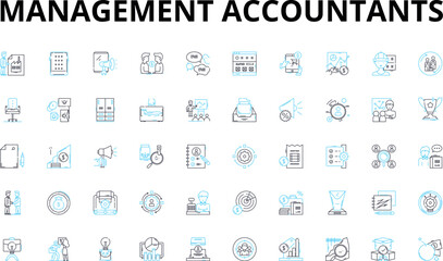 Management accountants linear icons set. Analysis, Budgeting, Compliance, Decision-making, Efficiency, Financial, Forecasting vector symbols and line concept signs. Governance,Growth,Innovation