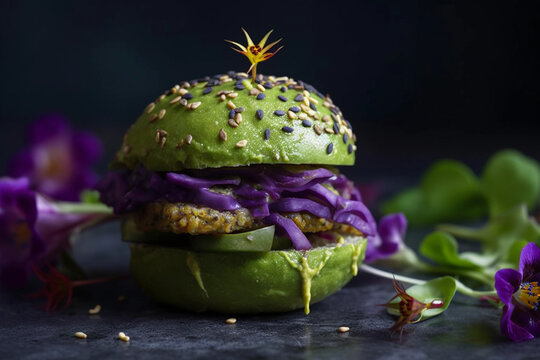 a vegan burger with vegan meat and purple flowers