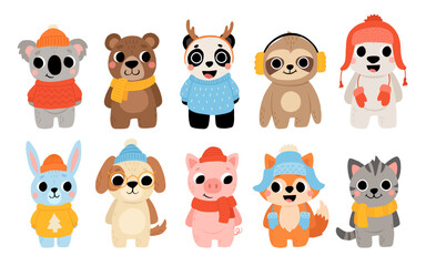 Cute wild and domestic animals set in winter clothes, including brown bear, polar bear, panda, koala, sloth, cat, dog, pig, fox, and rabbit. Cartoon kids illustration with hats and sweaters.