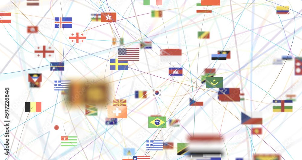 Poster connection lines around map with all country flags, futuristic technology - png transparent