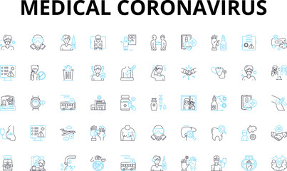 Fototapeta na wymiar Medical coronavirus linear icons set. Pandemic, Outbreak, Quarantine, Contagious, Respiratory, Transmission, Symptoms vector symbols and line concept signs. Vaccination,Mutation,Social distancing
