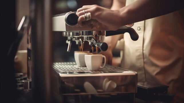 Barista make coffee latte art with espresso machine in cafe, generative ai