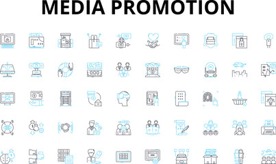 Media promotion linear icons set. Advertising, Broadcast, Publicity, Marketing, Outreach, Promotions, Exposure vector symbols and line concept signs. Awareness,Campaigns,Communications Generative AI
