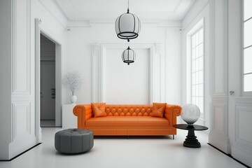 Salon intérieur au mur blanc a un canapé en cuir orange et une décoration minimale. Ai générative