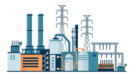 Electricity generation, gas power plant. Industrial factory and plant buildings 