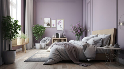 Interior of stylish bedroom with lilac wall, generative ai