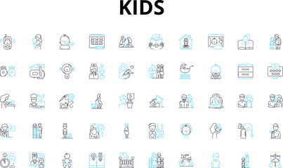Kids linear icons set. Innocence, Playful, Adventure, Imagination, Curiosity, Joy, Laughter vector symbols and line concept signs. Energy,Exploration,Creativity illustration Generative AI