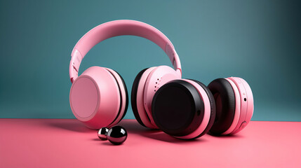 Obraz na płótnie Canvas Modern wireless portable speakers and headphones on color background, generative ai